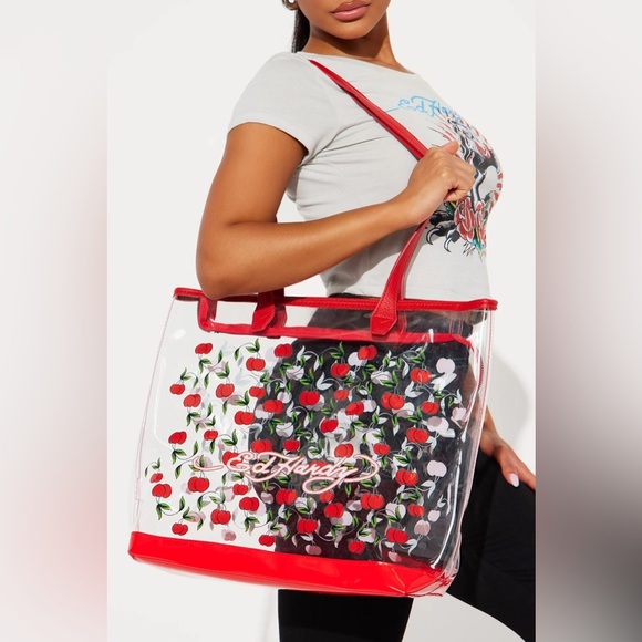 Ed Hardy Red Cherries Clear PVD Tote Bag | Red | NEW/NWT!!!🍒🍒🍒 - Picture 2 of 8